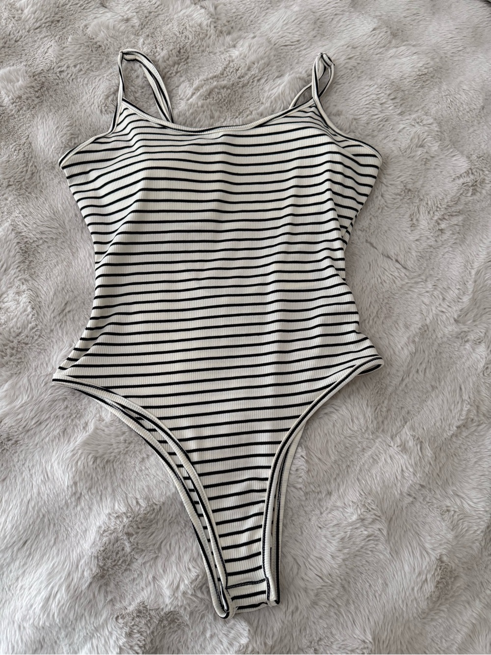 Striped Ribbed One-Piece Bodysuit - Black & White